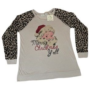 Merry Christmas Y’all SOUTHERN GRACE Santa Leopard Relaxed Fit Top, Medium BNWT